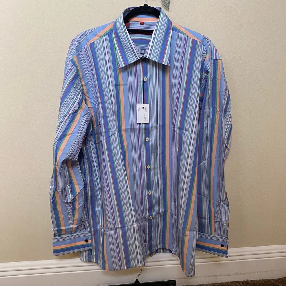NWT Luchiano Visconti Italia Blue Stripe French cuff men’s shirt Sz XL